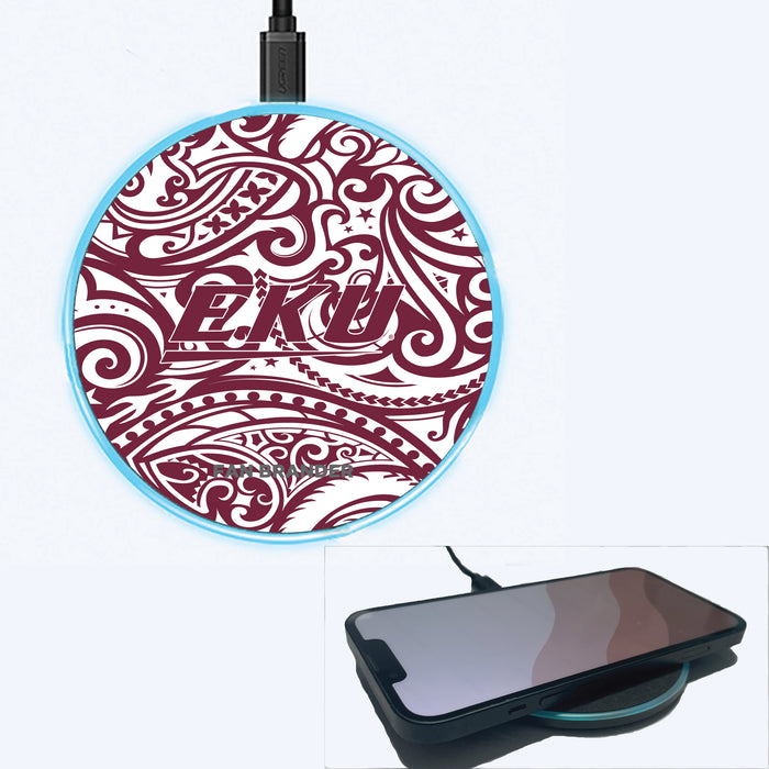 Fan Brander Grey 15W Wireless Charger with Eastern Kentucky Colonels Primary Logo With Team Color Tribal Background