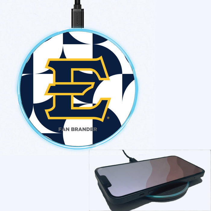 Fan Brander Grey 15W Wireless Charger with Eastern Tennessee State Buccaneers Primary Logo on Geometric Circle Background