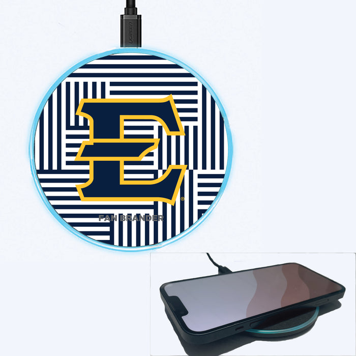 Fan Brander Grey 15W Wireless Charger with Eastern Tennessee State Buccaneers Primary Logo on Geometric Lines Background