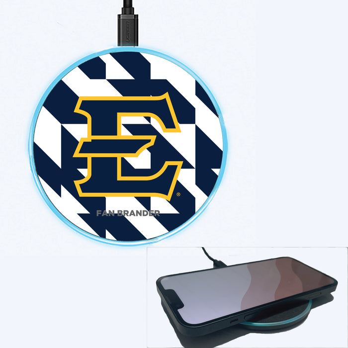Fan Brander Grey 15W Wireless Charger with Eastern Tennessee State Buccaneers Primary Logo on Geometric Quad Background