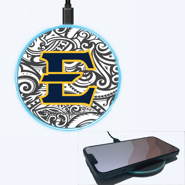 Fan Brander Grey 15W Wireless Charger with Eastern Tennessee State Buccaneers Primary Logo With Black Tribal