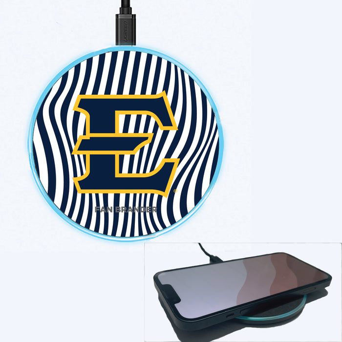 Fan Brander Grey 15W Wireless Charger with Eastern Tennessee State Buccaneers Primary Logo With Team Groovey Lines