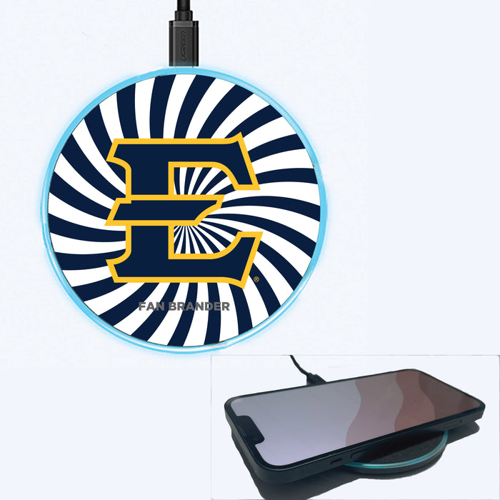 Fan Brander Grey 15W Wireless Charger with Eastern Tennessee State Buccaneers Primary Logo With Team Groovey Burst
