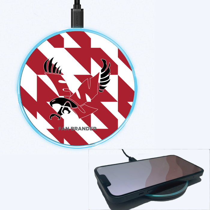 Fan Brander Grey 15W Wireless Charger with Eastern Washington Eagles Primary Logo on Geometric Quad Background