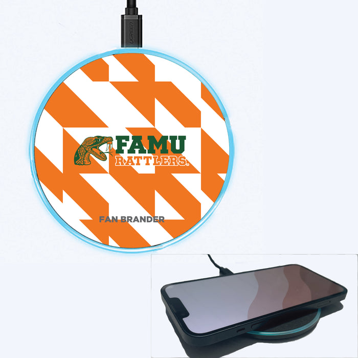 Fan Brander Grey 15W Wireless Charger with Florida A&M Rattlers Primary Logo on Geometric Quad Background