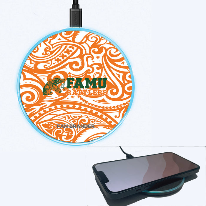 Fan Brander Grey 15W Wireless Charger with Florida A&M Rattlers Primary Logo With Team Color Tribal Background