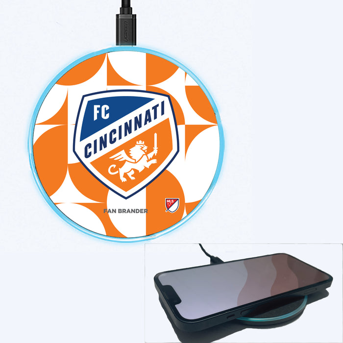 Fan Brander Grey 15W Wireless Charger with FC Cincinnati Primary Logo on Geometric Circle Background