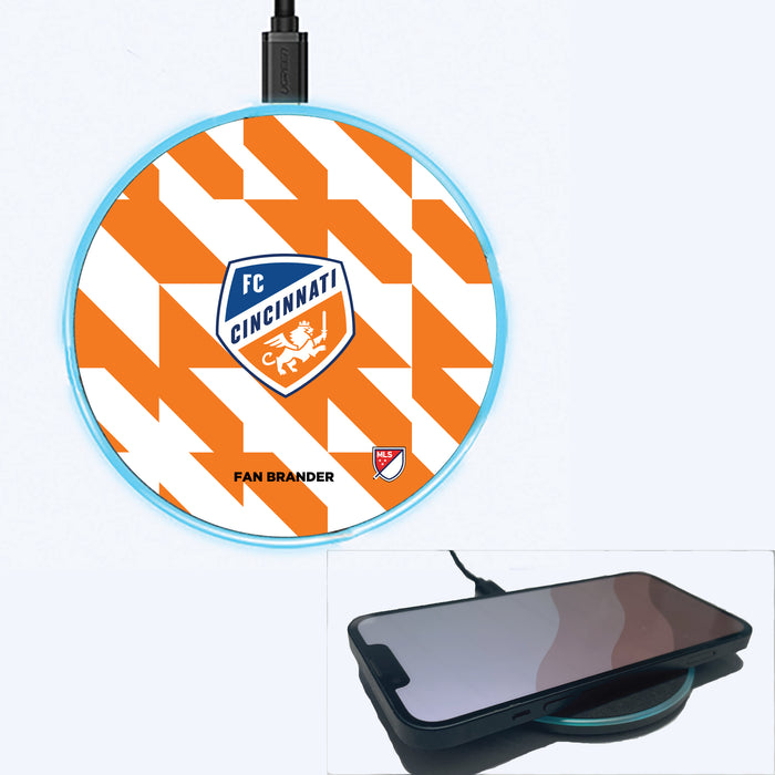 Fan Brander Grey 15W Wireless Charger with FC Cincinnati Primary Logo on Geometric Quad Background