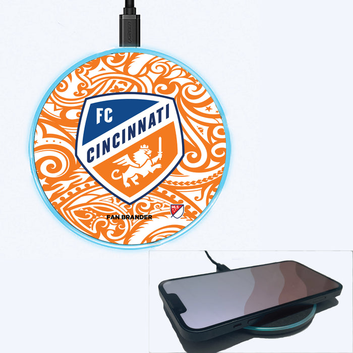 Fan Brander Grey 15W Wireless Charger with FC Cincinnati Primary Logo With Team Color Tribal Background
