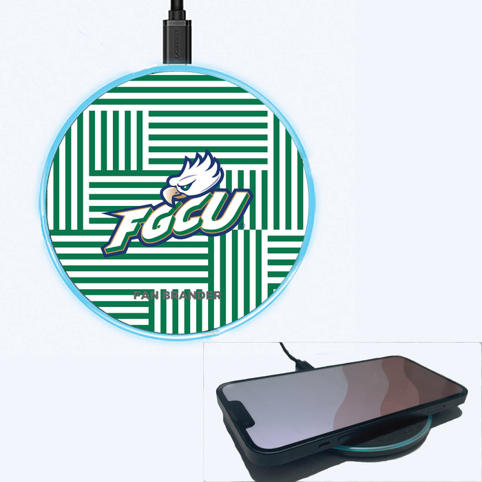 Fan Brander Grey 15W Wireless Charger with Florida Gulf Coast Eagles Primary Logo on Geometric Lines Background
