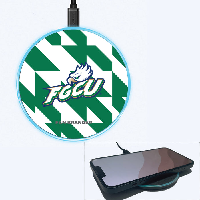 Fan Brander Grey 15W Wireless Charger with Florida Gulf Coast Eagles Primary Logo on Geometric Quad Background