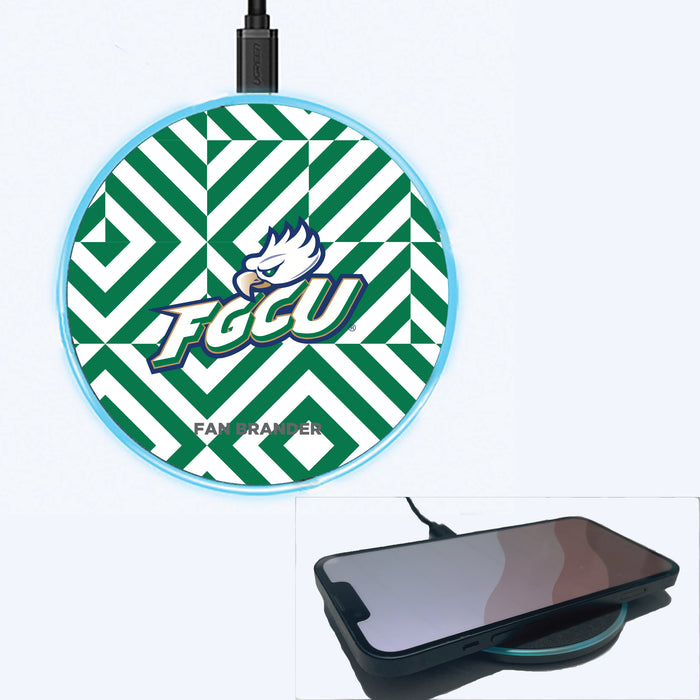 Fan Brander Grey 15W Wireless Charger with Florida Gulf Coast Eagles Primary Logo on Geometric Diamonds Background