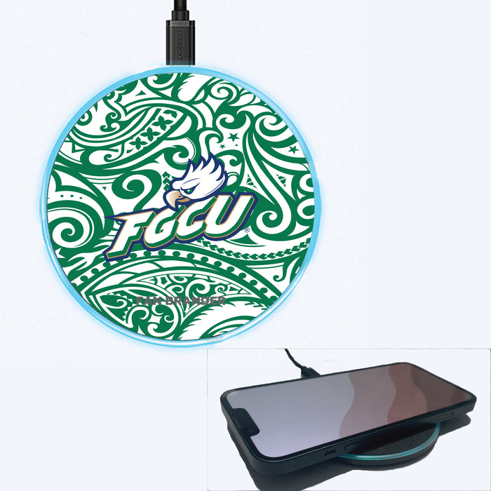 Fan Brander Grey 15W Wireless Charger with Florida Gulf Coast Eagles Primary Logo With Team Color Tribal Background