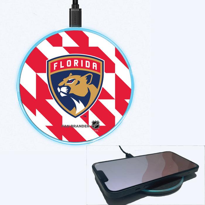 Fan Brander Grey 15W Wireless Charger with Florida Panthers Primary Logo on Geometric Quad Background