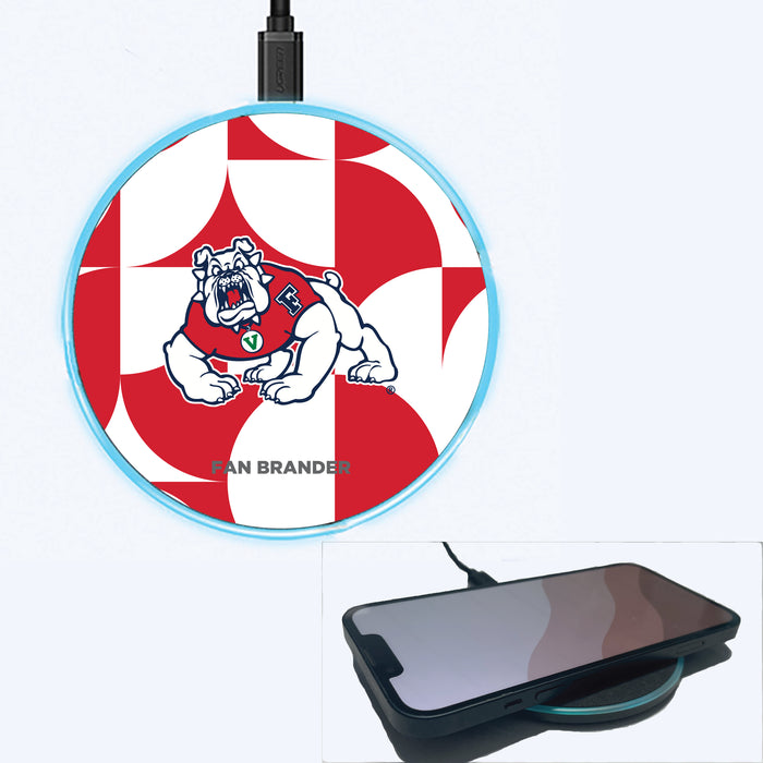 Fan Brander Grey 15W Wireless Charger with Fresno State Bulldogs Primary Logo on Geometric Circle Background