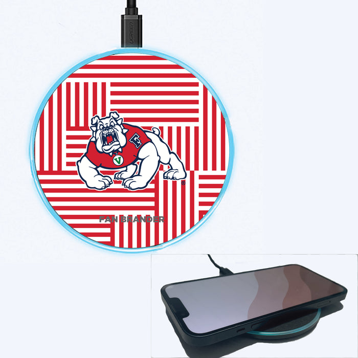 Fan Brander Grey 15W Wireless Charger with Fresno State Bulldogs Primary Logo on Geometric Lines Background