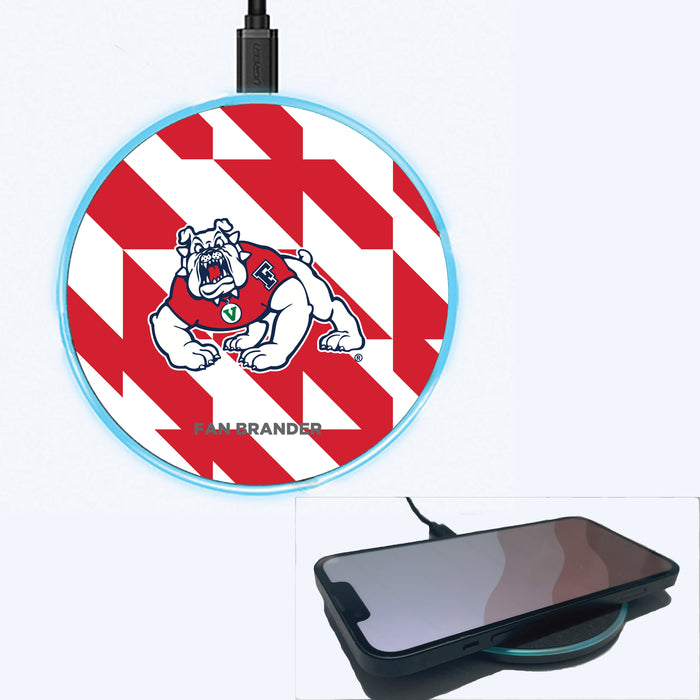 Fan Brander Grey 15W Wireless Charger with Fresno State Bulldogs Primary Logo on Geometric Quad Background