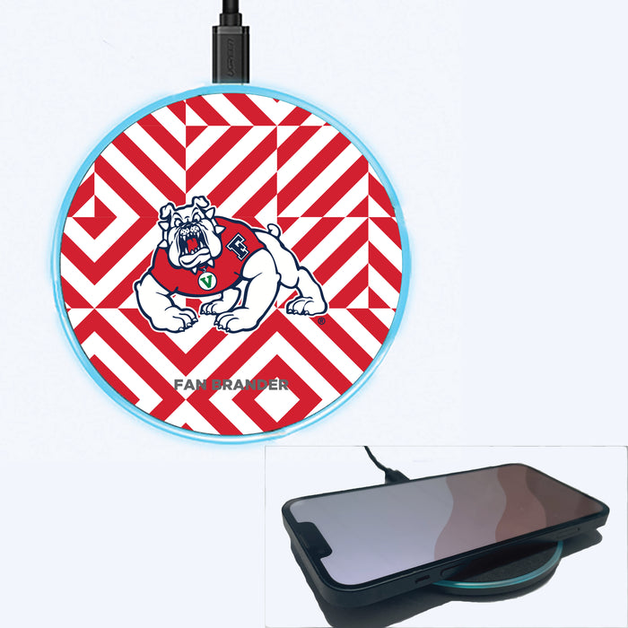 Fan Brander Grey 15W Wireless Charger with Fresno State Bulldogs Primary Logo on Geometric Diamonds Background
