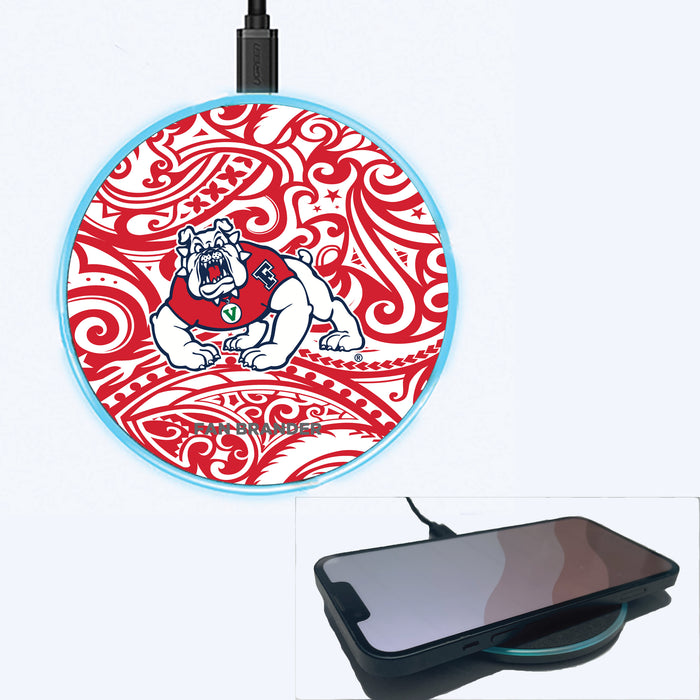 Fan Brander Grey 15W Wireless Charger with Fresno State Bulldogs Primary Logo With Team Color Tribal Background