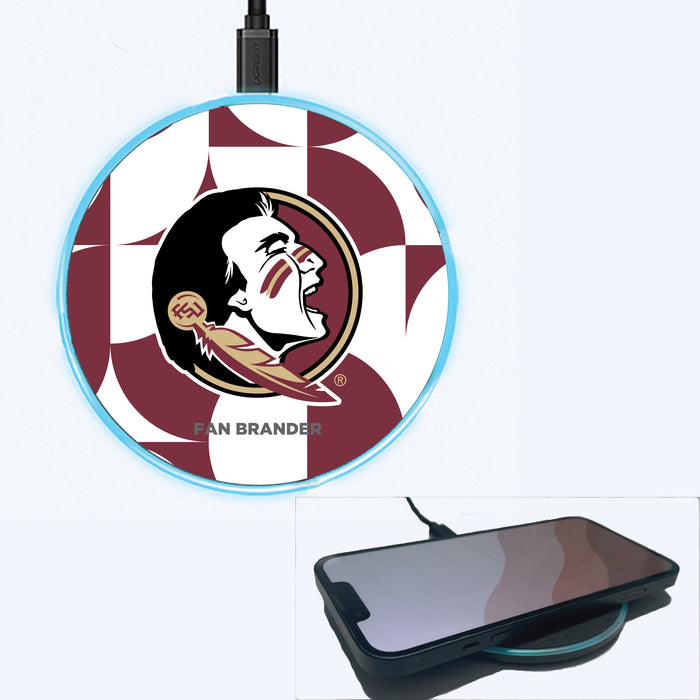 Fan Brander Grey 15W Wireless Charger with Florida State Seminoles Primary Logo on Geometric Circle Background