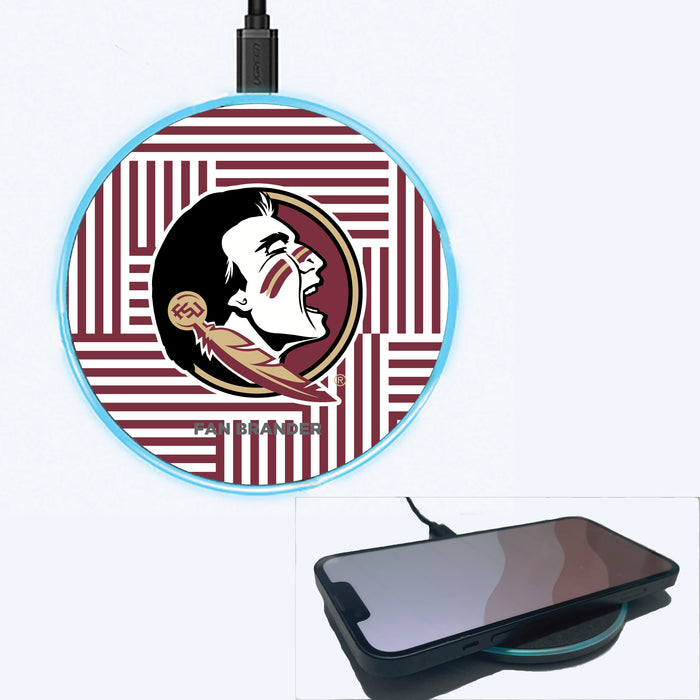 Fan Brander Grey 15W Wireless Charger with Florida State Seminoles Primary Logo on Geometric Lines Background