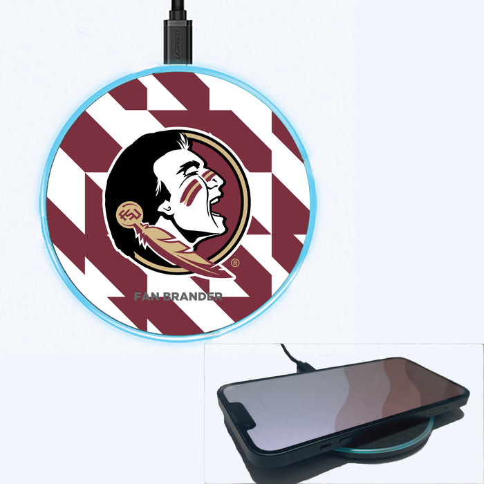 Fan Brander Grey 15W Wireless Charger with Florida State Seminoles Primary Logo on Geometric Quad Background