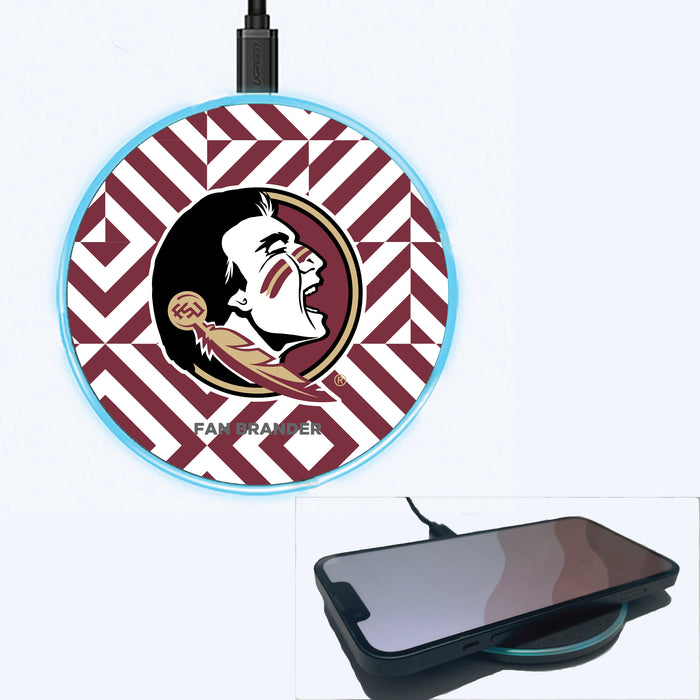 Fan Brander Grey 15W Wireless Charger with Florida State Seminoles Primary Logo on Geometric Diamonds Background