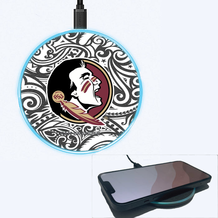 Fan Brander Grey 15W Wireless Charger with Florida State Seminoles Primary Logo With Black Tribal