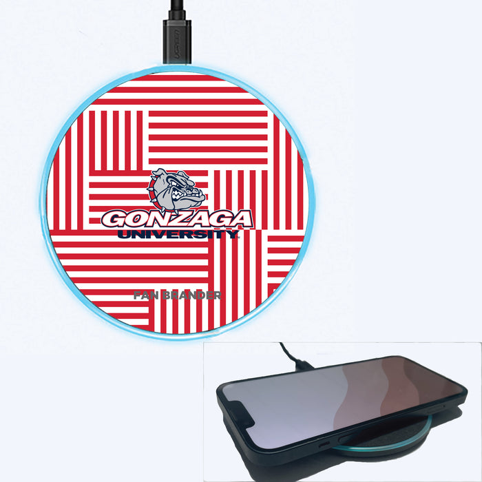 Fan Brander Grey 15W Wireless Charger with Gonzaga Bulldogs Primary Logo on Geometric Lines Background