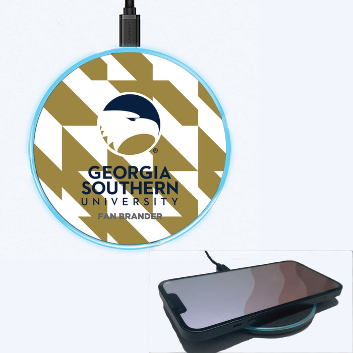 Fan Brander Grey 15W Wireless Charger with Georgia Southern Eagles Primary Logo on Geometric Quad Background