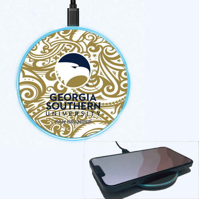 Fan Brander Grey 15W Wireless Charger with Georgia Southern Eagles Primary Logo With Team Color Tribal Background