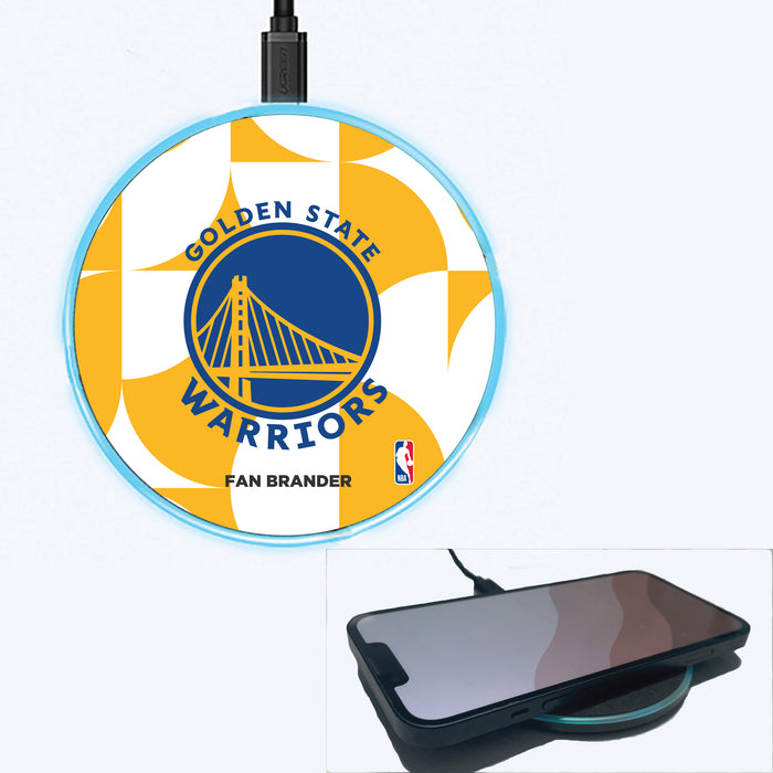 Fan Brander Grey 15W Wireless Charger with Golden State Warriors Primary Logo on Geometric Circle Background