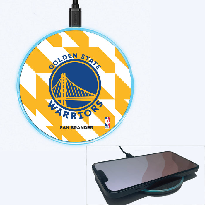 Fan Brander Grey 15W Wireless Charger with Golden State Warriors Primary Logo on Geometric Quad Background