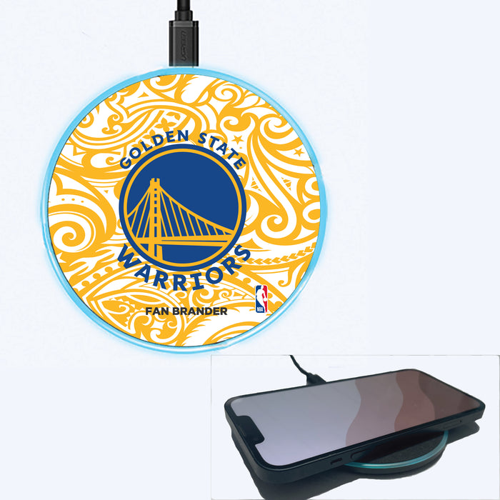 Fan Brander Grey 15W Wireless Charger with Golden State Warriors Primary Logo With Team Color Tribal Background