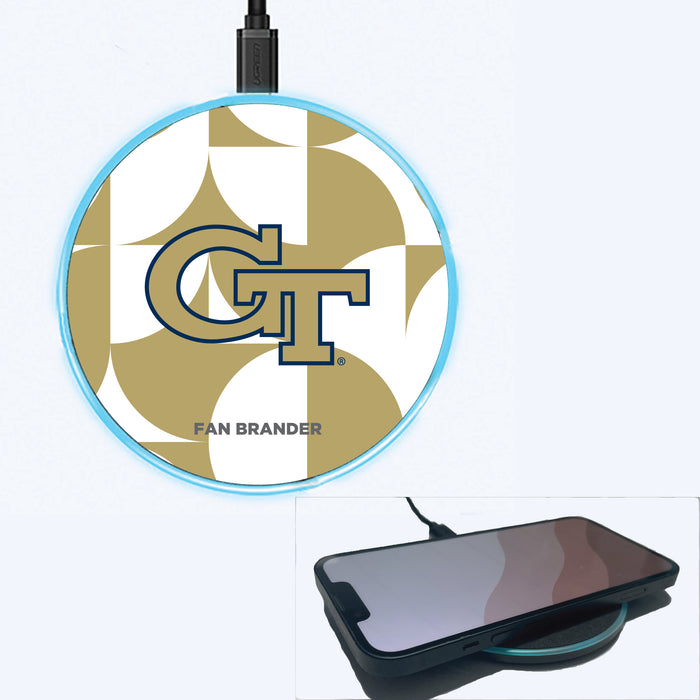 Fan Brander Grey 15W Wireless Charger with Georgia Tech Yellow Jackets Primary Logo on Geometric Circle Background