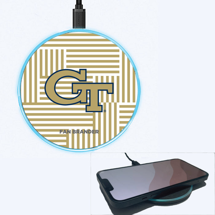 Fan Brander Grey 15W Wireless Charger with Georgia Tech Yellow Jackets Primary Logo on Geometric Lines Background