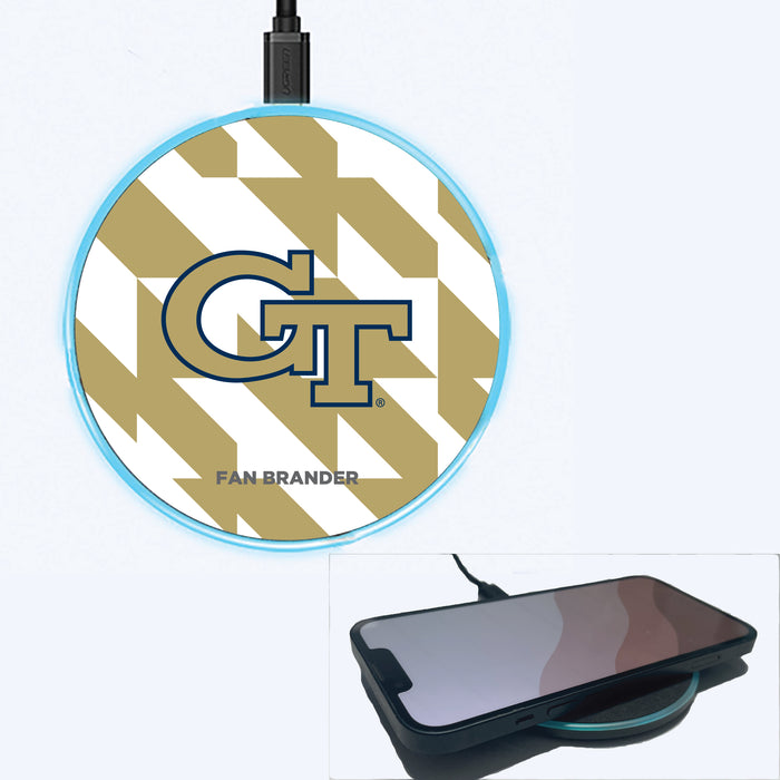 Fan Brander Grey 15W Wireless Charger with Georgia Tech Yellow Jackets Primary Logo on Geometric Quad Background