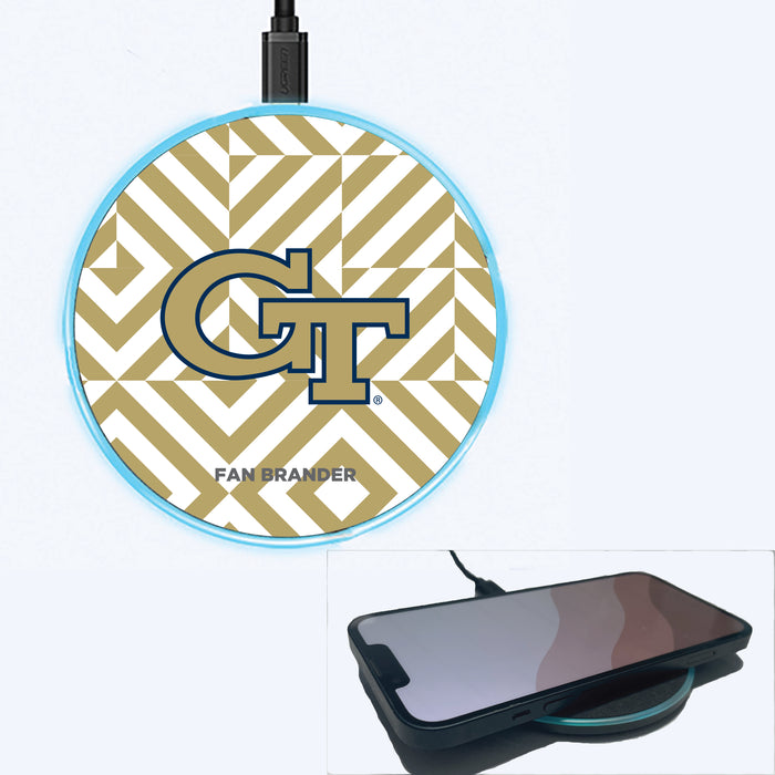 Fan Brander Grey 15W Wireless Charger with Georgia Tech Yellow Jackets Primary Logo on Geometric Diamonds Background