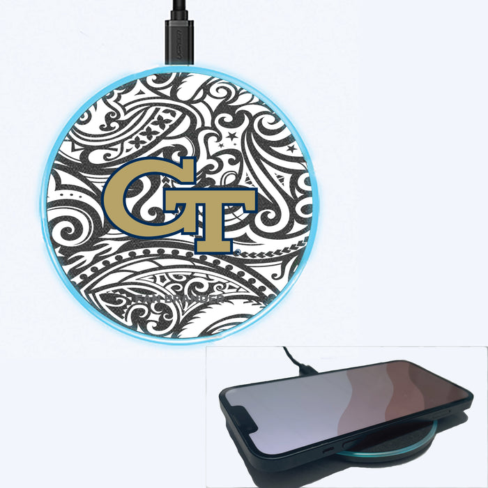Fan Brander Grey 15W Wireless Charger with Georgia Tech Yellow Jackets Primary Logo With Black Tribal