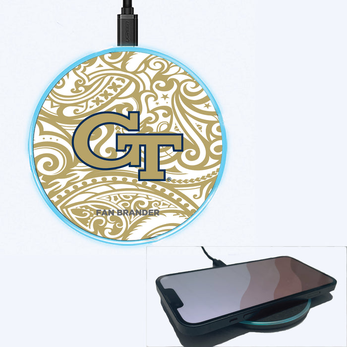 Fan Brander Grey 15W Wireless Charger with Georgia Tech Yellow Jackets Primary Logo With Team Color Tribal Background