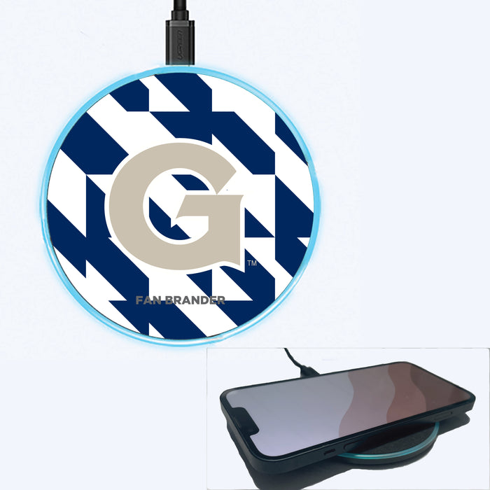 Fan Brander Grey 15W Wireless Charger with Georgetown Hoyas Primary Logo on Geometric Quad Background