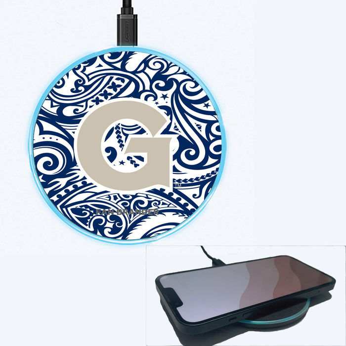 Fan Brander Grey 15W Wireless Charger with Georgetown Hoyas Primary Logo With Team Color Tribal Background