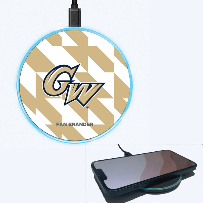 Fan Brander Grey 15W Wireless Charger with George Washington Colonials Primary Logo on Geometric Quad Background