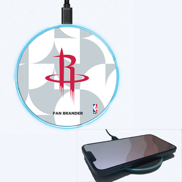 Fan Brander Grey 15W Wireless Charger with Houston Rockets Primary Logo on Geometric Circle Background