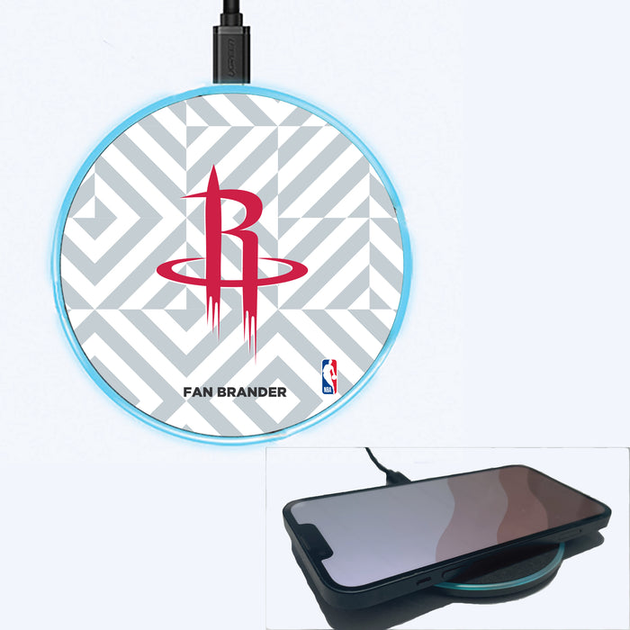 Fan Brander Grey 15W Wireless Charger with Houston Rockets Primary Logo on Geometric Diamonds Background