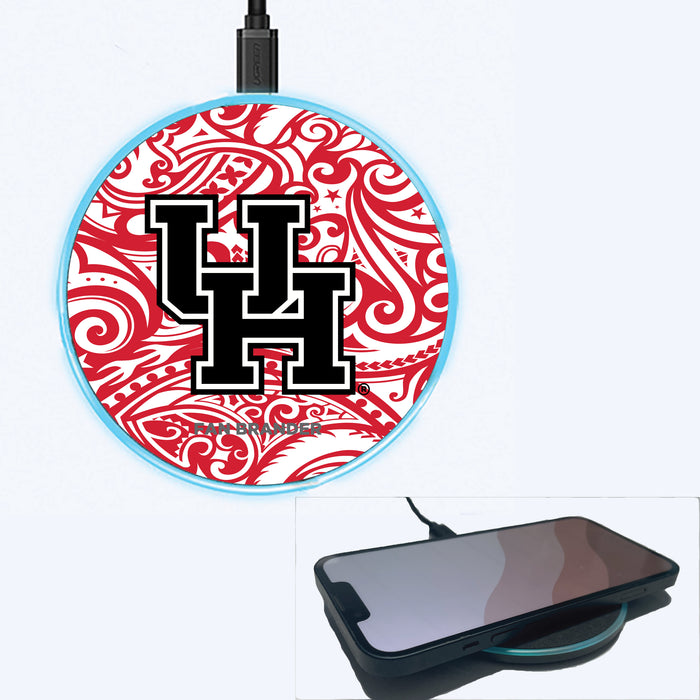 Fan Brander Grey 15W Wireless Charger with Houston Cougars Primary Logo With Team Color Tribal Background