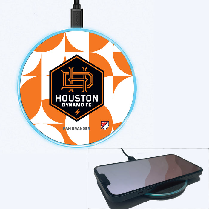 Fan Brander Grey 15W Wireless Charger with Houston Dynamo Primary Logo on Geometric Circle Background