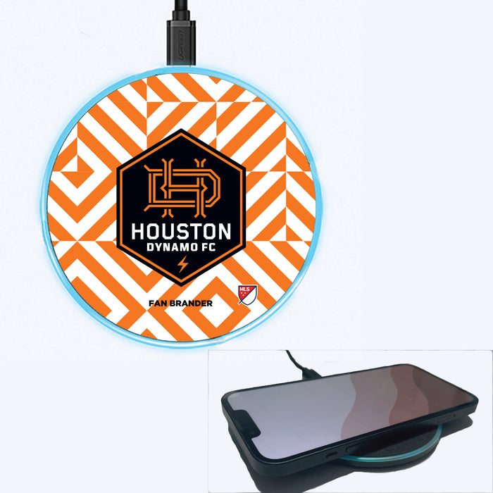 Fan Brander Grey 15W Wireless Charger with Houston Dynamo Primary Logo on Geometric Diamonds Background
