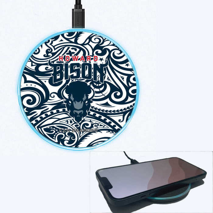 Fan Brander Grey 15W Wireless Charger with Howard Bison Primary Logo With Team Color Tribal Background