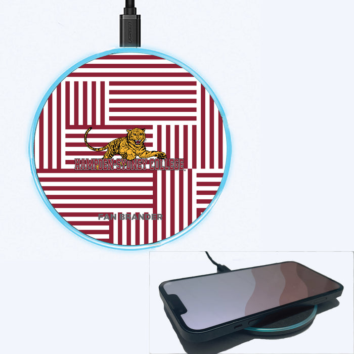 Fan Brander Grey 15W Wireless Charger with Hampden Sydney Primary Logo on Geometric Lines Background